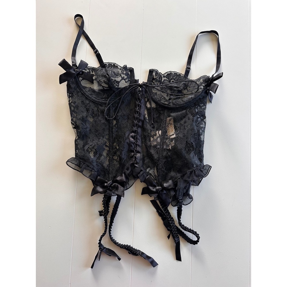 Victorias Secret Black Floral Lace Bustier Garter Corset Top 36B Gold Label